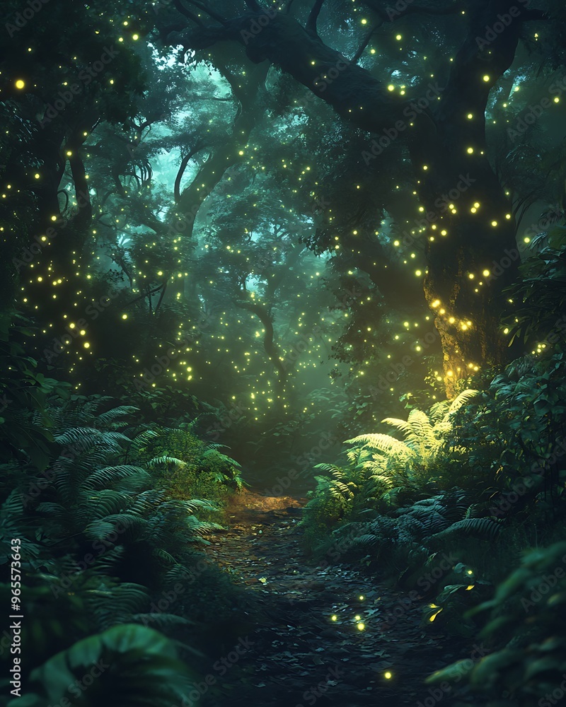 Enchanted Forest Path with Glowing Fireflies at Night Enchanted Forest Path with Glowing Fireflies at Night