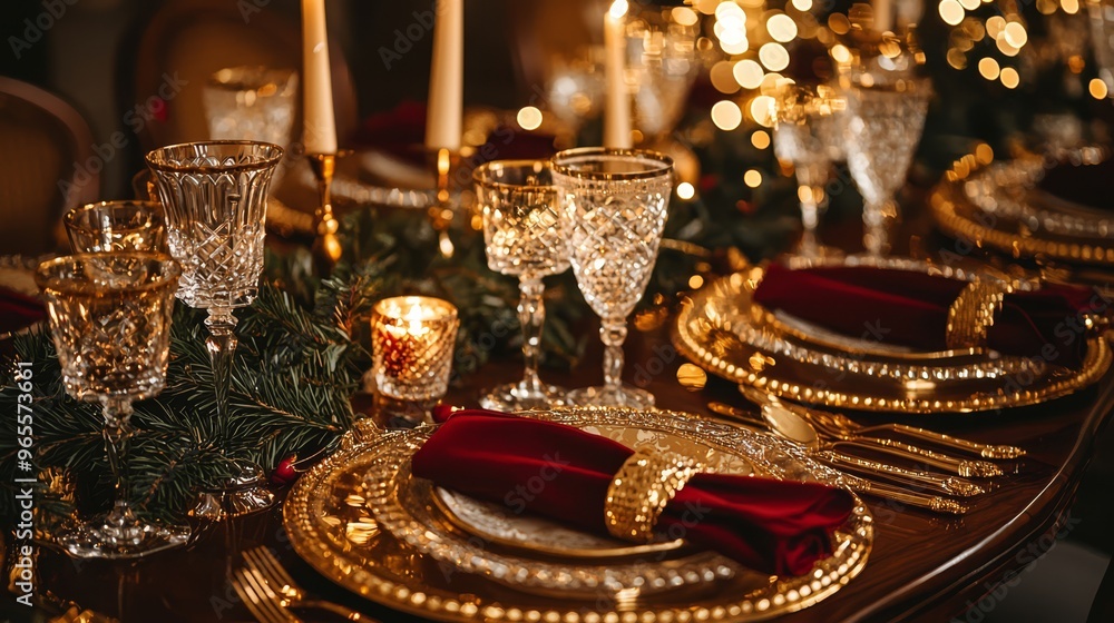 Luxurious Christmas dining table adorned with golden accents, crystal glassware, and rich red napkins, creating a warm and inviting holiday atmosphere for festive gatherings Luxurious Christmas dining table adorned with golden accents, crystal glassware, and rich red napkins, creating a warm and inviting holiday atmosphere for festive gatherings