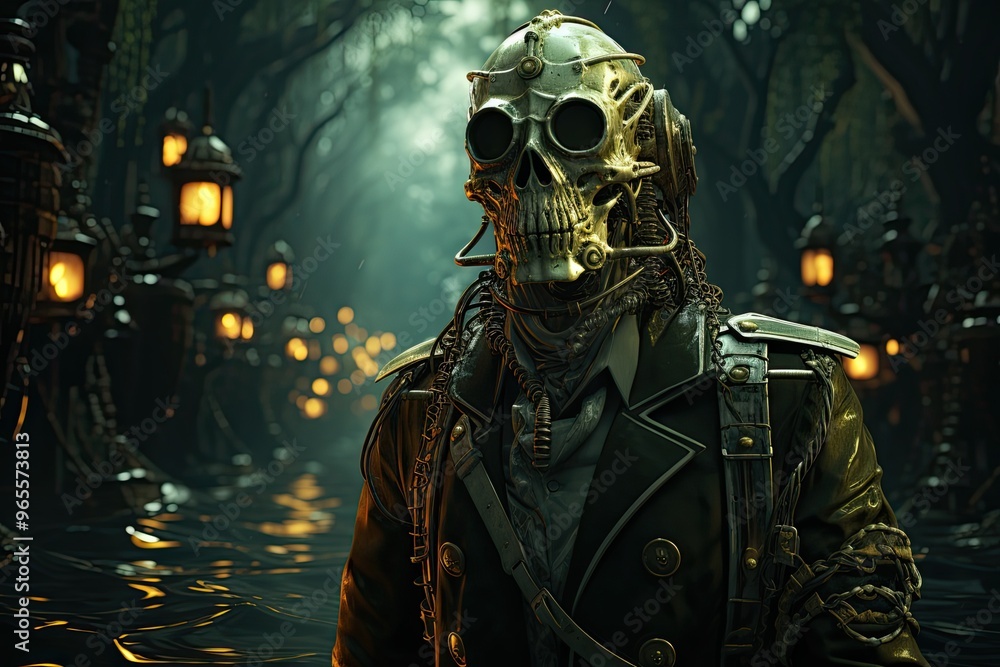 Fototapeta premium skeletal steampunk pirate, boats in background