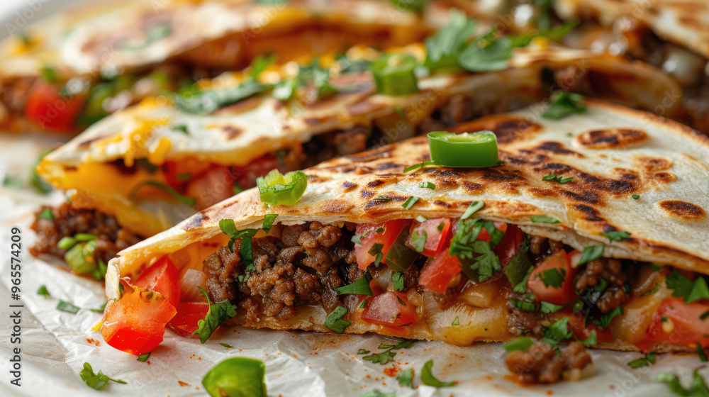 fajita quesadillas with minced beef, cheese, diced jalapeno, tomatoes and green onions isolated on white background fajita quesadillas with minced beef, cheese, diced jalapeno, tomatoes and green onions isolated on white background