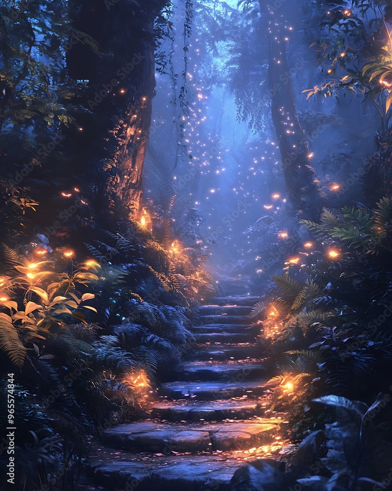 Enchanted Forest Path with Glowing Lights and Stone Steps Enchanted Forest Path with Glowing Lights and Stone Steps