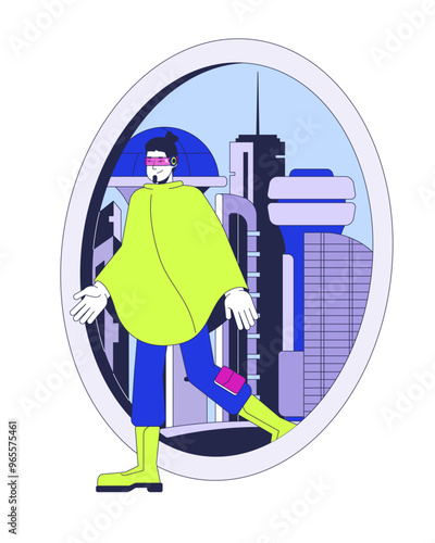 Cyberpunk man futuristic teleportation cartoon flat illustration. Sci fi citizen walking out portal door 2D character isolated on white background. Future technology teleport scene vector color image