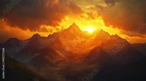 Majestic Sunset Over Snowy Mountains