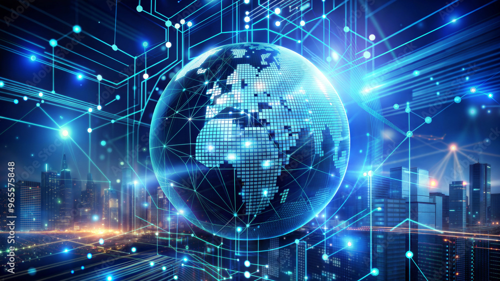 Futuristic globe with glowing data streams against the backdrop of a modern city, ai global communication networks, technology network, communication network, 5G, wireless communication.