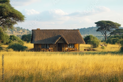 A traditional safari lodge in Kenya with views of the savannah and wildlife roaming nearby