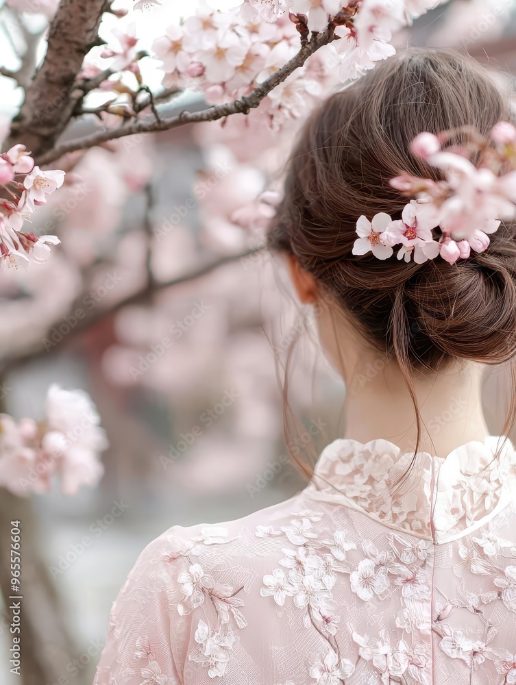 Naklejka premium Traditional Hanbok in Seoul's palace during spring bloom, capturing the elegant cultural essence.