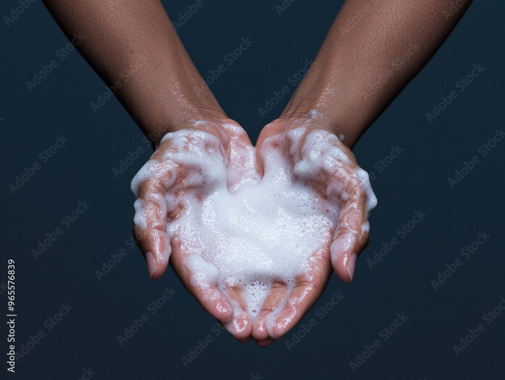 Fototapeta premium A pair of hands shaped like a heart, filled with foam, symbolizes love and care in hygiene and cleanliness.