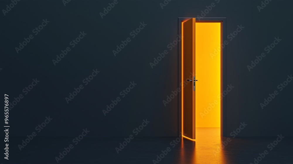Light yellow from room the open door and black blank wall copy space Light yellow from room the open door and black blank wall copy space