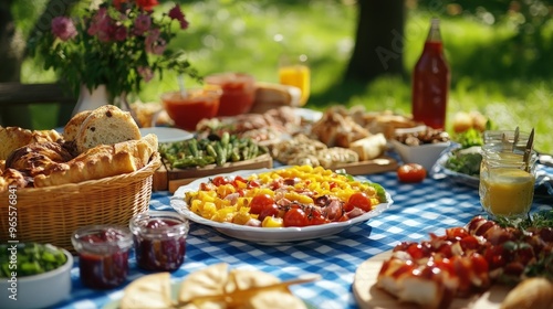 Imagine a colorful picnic table in a sunny park, surrounded by friends and family. The table is covered with a variety of delicious dishes