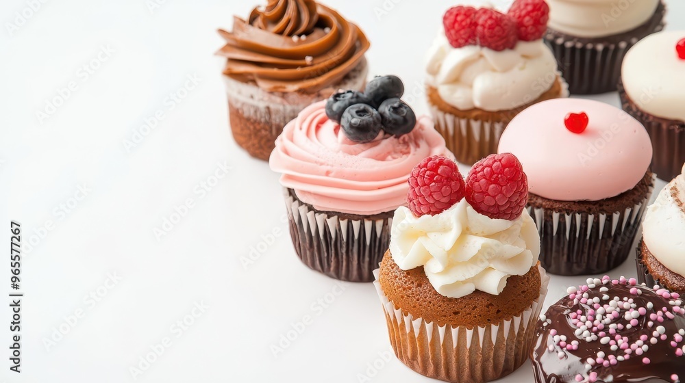A bakery banner design featuring a set of small delicious cakes on a white background. A bakery banner design featuring a set of small delicious cakes on a white background.