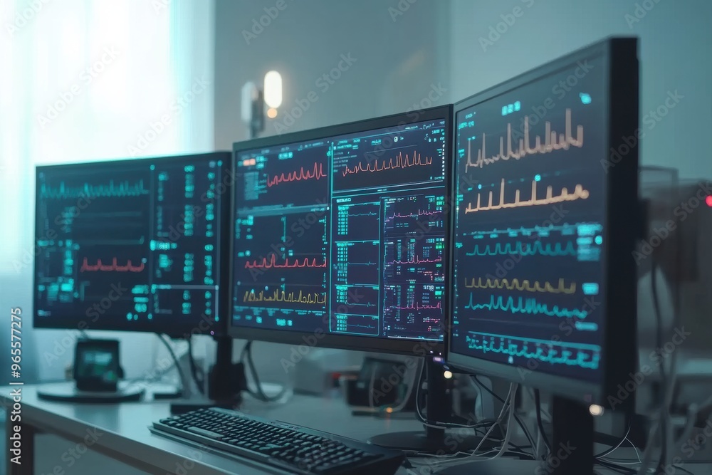 Three computer monitors are on a desk, each displaying different data Three computer monitors are on a desk, each displaying different data