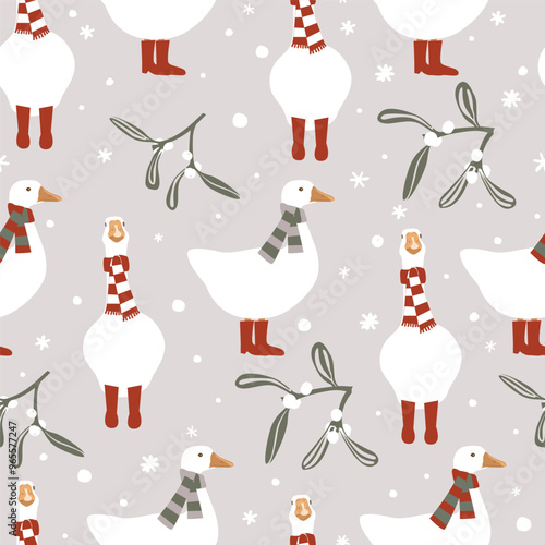 Seamless winter pattern with cute geese in warm scarf and reed boots. Merry Christmas vector illustration.