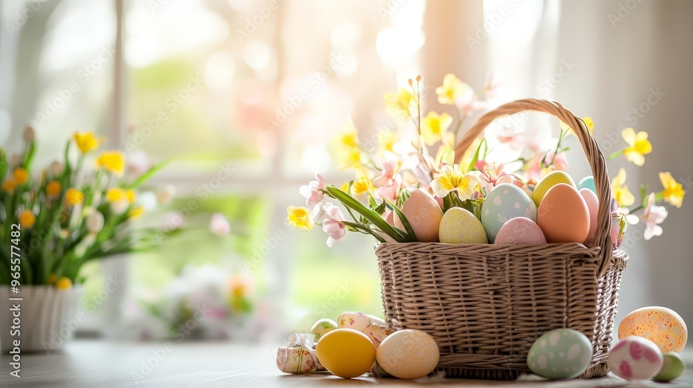 Imagine a cozy Easter morning scene with a family gathered around a beautifully decorated Easter basket Imagine a cozy Easter morning scene with a family gathered around a beautifully decorated Easter basket