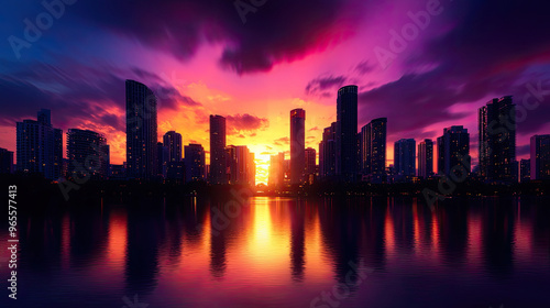 Stunning sunset over a city skyline, reflecting vibrant colors on water, creating a beautiful urban landscape.