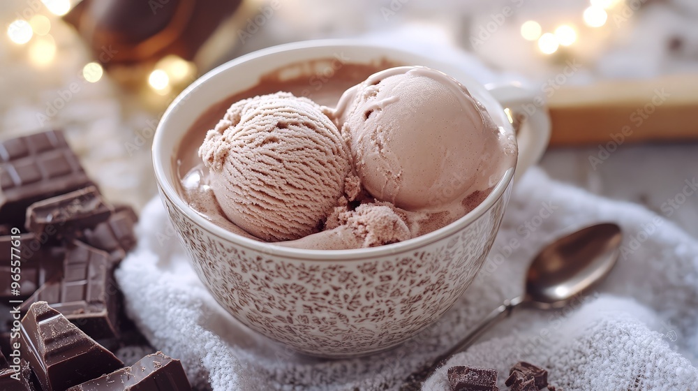 Imagine a cozy winter scene with a warm bowl of ice cream served alongside hot chocolate. Imagine a cozy winter scene with a warm bowl of ice cream served alongside hot chocolate.