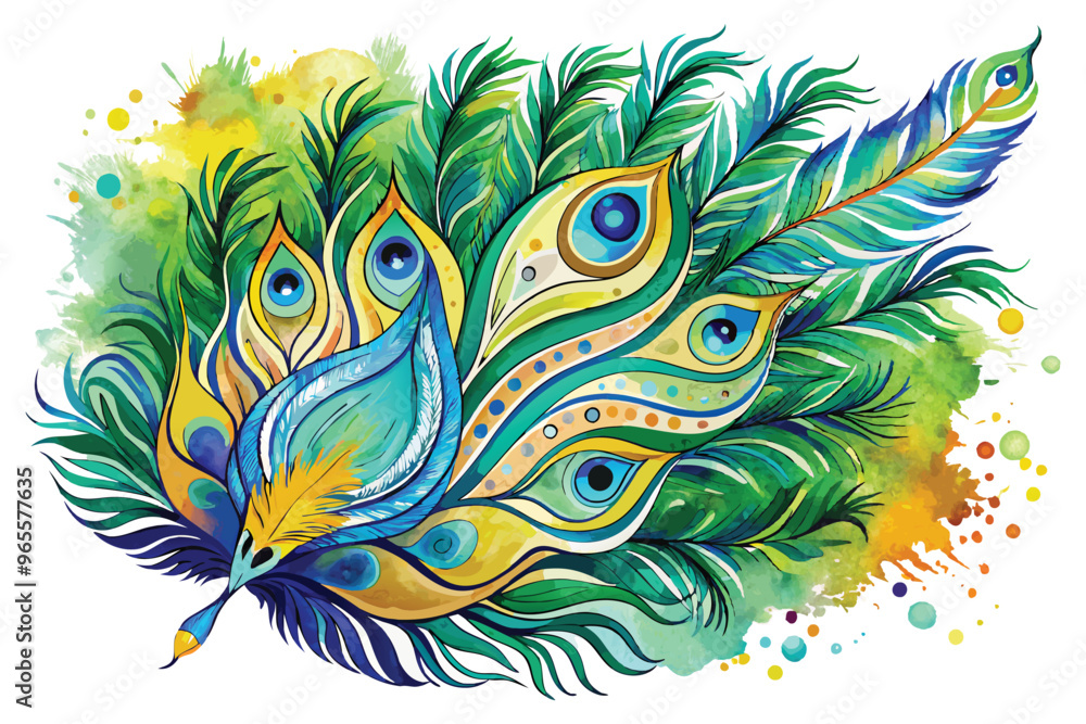Obraz premium watercolor of peacock feather white background vector art illustration