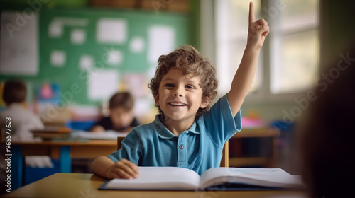 A happy young boy sits at his desk in an elementary school classroom, raising one hand to respond to the teacher.
