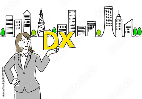 DX推進イメージの女性会社員と街並みラフな手描き