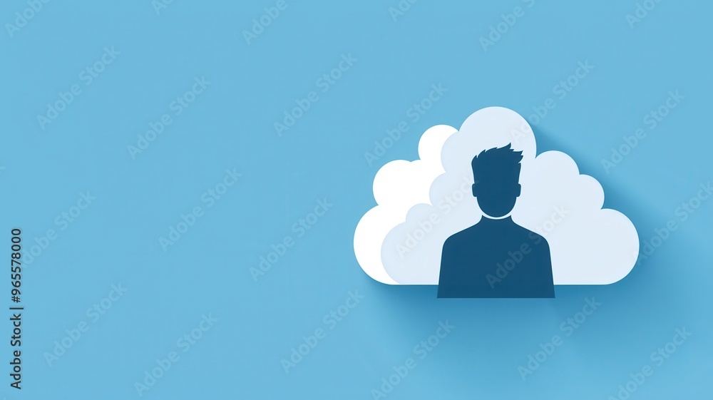 Stylized silhouette of a person inside a cloud, representing online presence or digital identity against a blue background. Stylized silhouette of a person inside a cloud, representing online presence or digital identity against a blue background.
