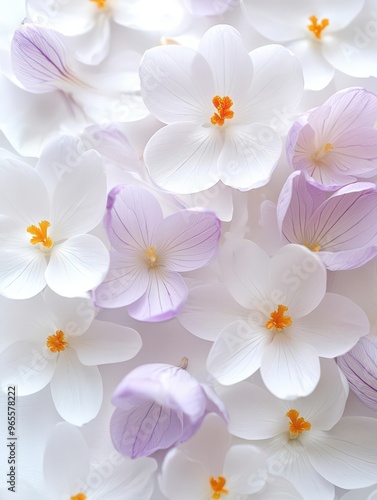 Freshly picked crocus flowers arranged in a beautiful flat lay, top view perspective, creating a stunning display of vibrant colors.