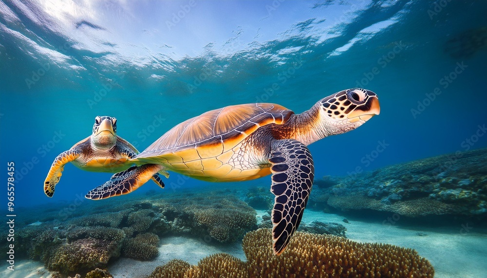 Obraz premium Charming sea turtle duo gliding through crystal-clear water