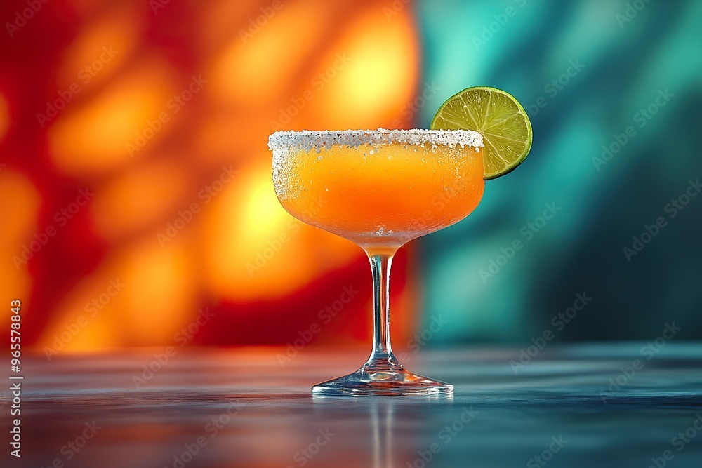 A vibrant frozen margarita with a salted rim and a lime wedge served in a colorful glass A vibrant frozen margarita with a salted rim and a lime wedge served in a colorful glass