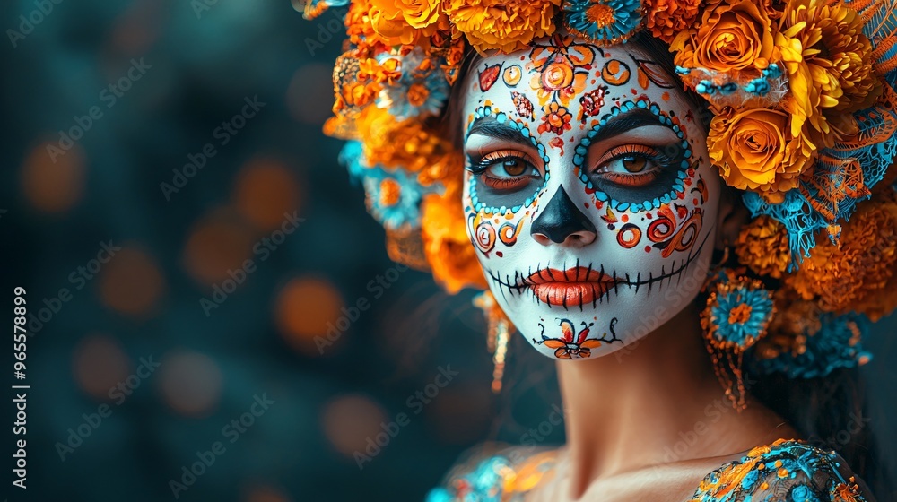 Vibrant Day of the Dead celebration portrait featuring a woman with sugar skull makeup, perfect for Halloween themes, parties, or cultural events with copy space. Vibrant Day of the Dead celebration portrait featuring a woman with sugar skull makeup, perfect for Halloween themes, parties, or cultural events with copy space.