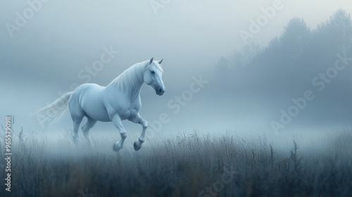 White horse running through a misty field at dawn, symbolizing freedom, grace, and beauty