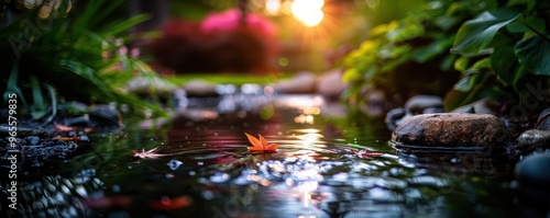 Reflection pool in a garden, serene and tranquil, Botanical, Soft greens, Photograph, Water beauty photo