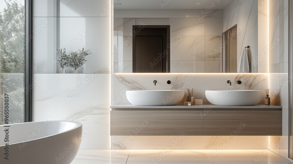 Luxurious white modern style bathroom with marble floor and walls Luxurious white modern style bathroom with marble floor and walls