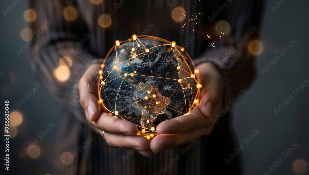 Fototapeta premium Person holding an Earth globe with glowing connections, symbolizing global network social media global connectivity connections and the relationships of technology in business.