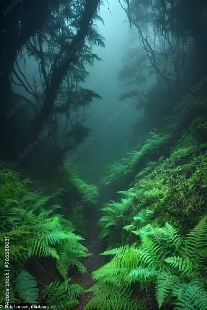 Mysterious Foggy Forest Path with Lush Greenery and Tree Silhouettes Mysterious Foggy Forest Path with Lush Greenery and Tree Silhouettes