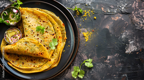 A popular breakfast meal in Rajasthan, cheela Chilla or Chila is typically prepared with gram flour or besan copy space. photo