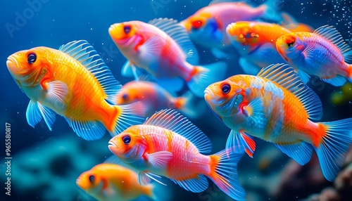 Vibrant school of tropical fish dancing through crystal-clear ocean waters, displaying brilliant blue, pink, and orange colors