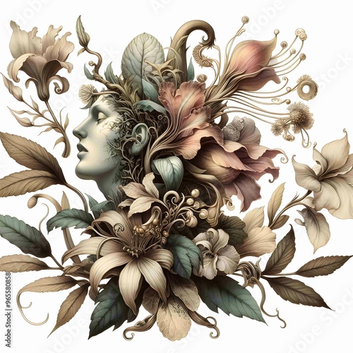 Botanical Illustration with a Twist; Traditional botanical illustration that includes fantastical or surreal elements, such as plants with human features and hybrid flora. blend of realism and fantasy photo