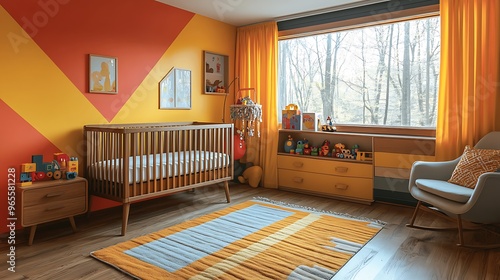 A retro-inspired nursery featuring bold geometric shapes on the walls, bright primary colors, mid-century modern furniture, nostalgic toys from the 60s and 70s,