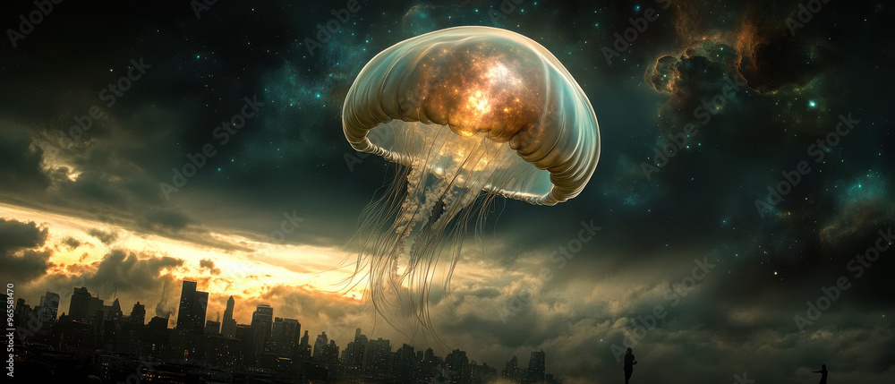 A cosmic jellyfish floats above city skyline, illuminated by celestial glow, creating surreal and enchanting atmosphere. scene blends urban life with otherworldly beauty A cosmic jellyfish floats above city skyline, illuminated by celestial glow, creating surreal and enchanting atmosphere. scene blends urban life with otherworldly beauty