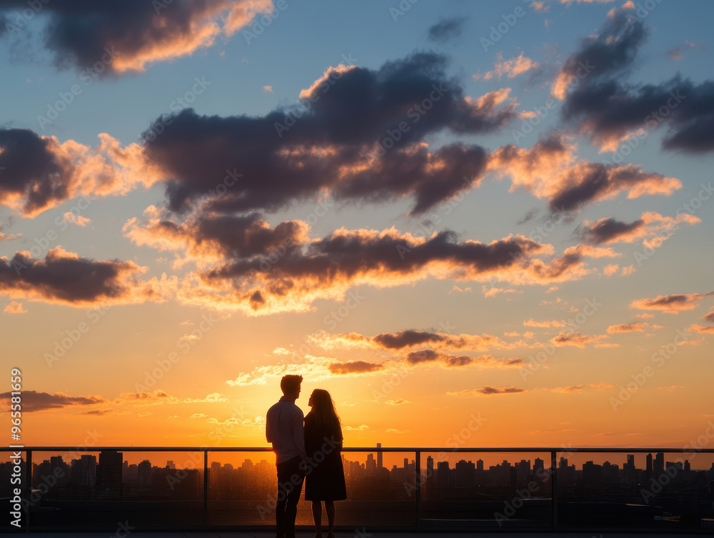 Fototapeta premium A couple sharing quiet moment on rooftop as sun sets, creating romantic atmosphere with silhouettes against colorful sky