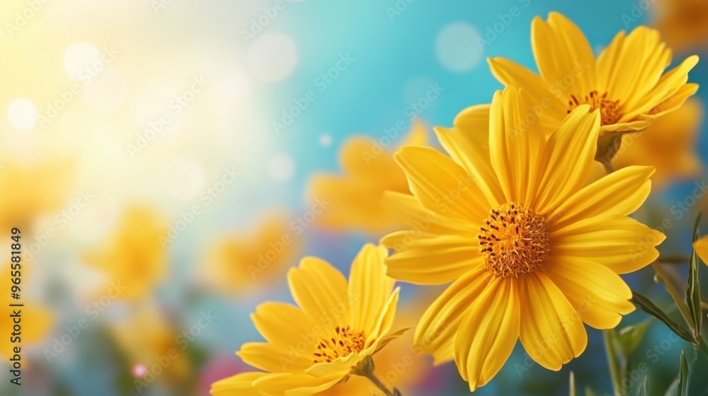 A close up of a bunch of yellow flowers with blue sky in the background, AI A close up of a bunch of yellow flowers with blue sky in the background, AI