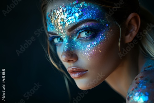 A young woman wuth Halloween makeup, adorned with glitter and colorful designs that highlight her features. The dazzling shades of blue and silver create a captivating look in a dimly lit setting. photo