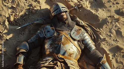 A weary medieval knight, succumbing to the harsh desert environment, finds his final resting place amidst the unforgiving sands photo