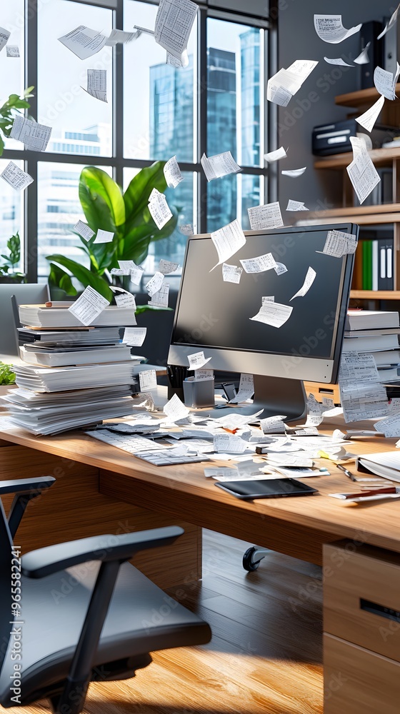 Messy Office Desk with Flying Papers. Messy Office Desk with Flying Papers.