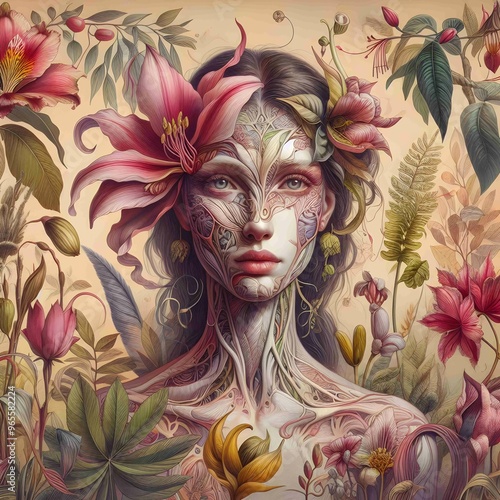 Botanical Illustration with a Twist; Traditional botanical illustration that includes fantastical or surreal elements, such as plants with human features and hybrid flora. blend of realism and fantasy photo