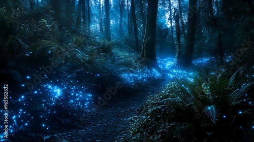 Enchanted Forest Path Illuminated by Bioluminescent Lights, A Mystical Journey Through Nature's Glow