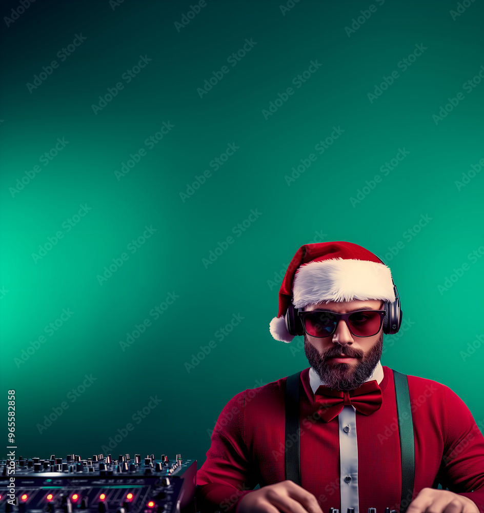 handsome santa claus dj: man with headphones, beard and mustaches wearing santa costume and mixing music; concept of christmas party, music, dj; copy space; green background handsome santa claus dj: man with headphones, beard and mustaches wearing santa costume and mixing music; concept of christmas party, music, dj; copy space; green background