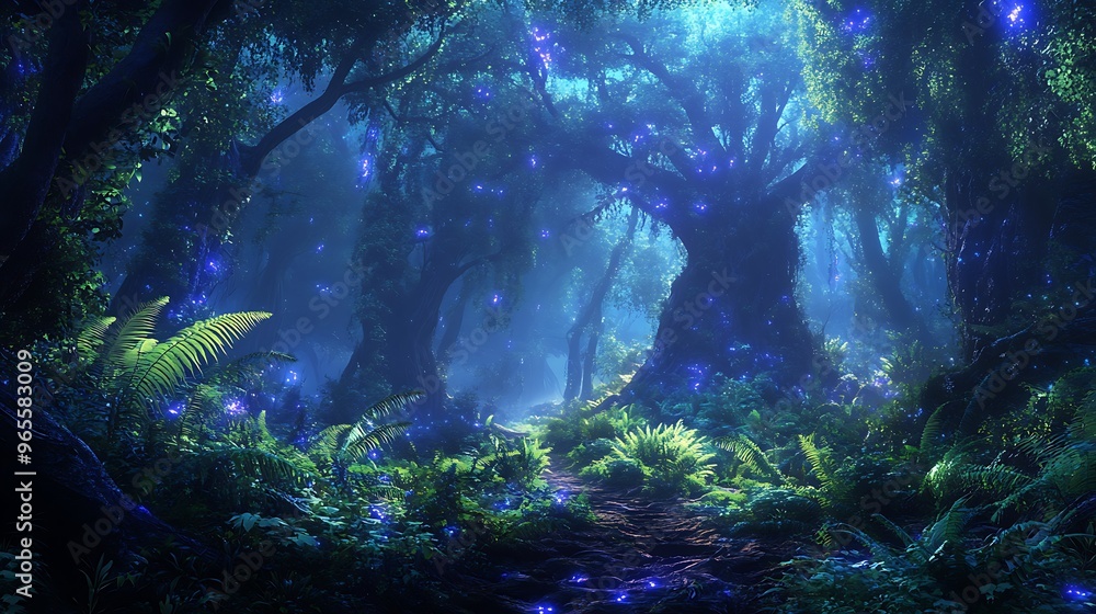 Enchanted Forest Path: Glowing Lights and Lush Greenery Enchanted Forest Path: Glowing Lights and Lush Greenery