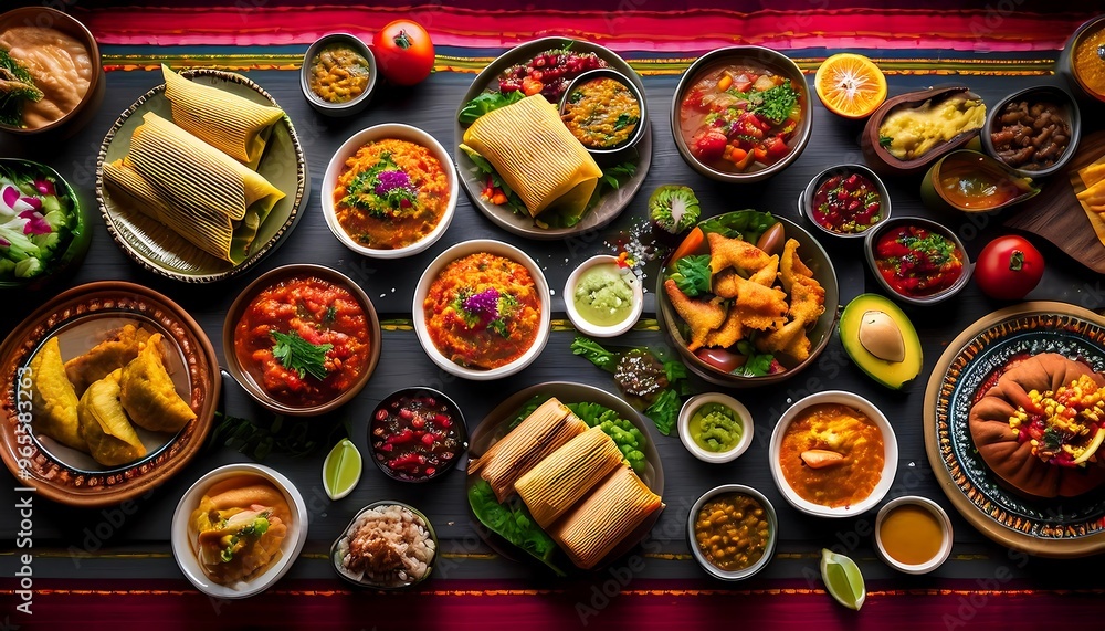 Close-up of traditional Hispanic dishes in a top-down shot featuring tamales, empanadas, tacos, and churros arranged for Hispanic Heritage Month. Warm reds, golds, and browns. Detailed textures, garni Close-up of traditional Hispanic dishes in a top-down shot featuring tamales, empanadas, tacos, and churros arranged for Hispanic Heritage Month. Warm reds, golds, and browns. Detailed textures, garni