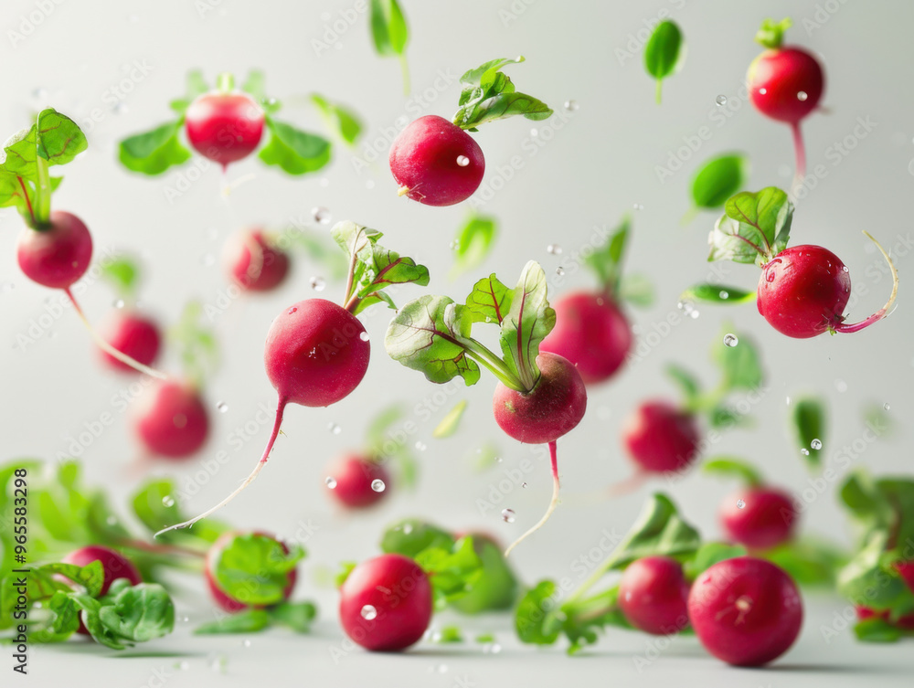 Various falling fresh ripe radish on light white background, horizontal composition Various falling fresh ripe radish on light white background, horizontal composition