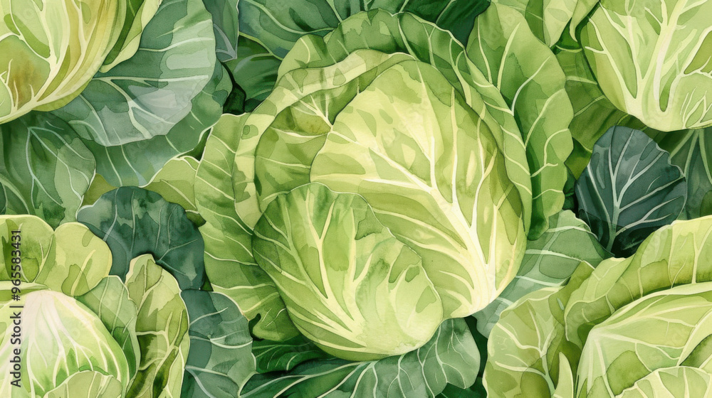 Obraz premium Watercolor pattern cabbage, and leaves for vibrant and summery design