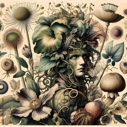 Botanical Illustration with a Twist; Traditional botanical illustration that includes fantastical or surreal elements, such as plants with human features and hybrid flora. blend of realism and fantasy photo